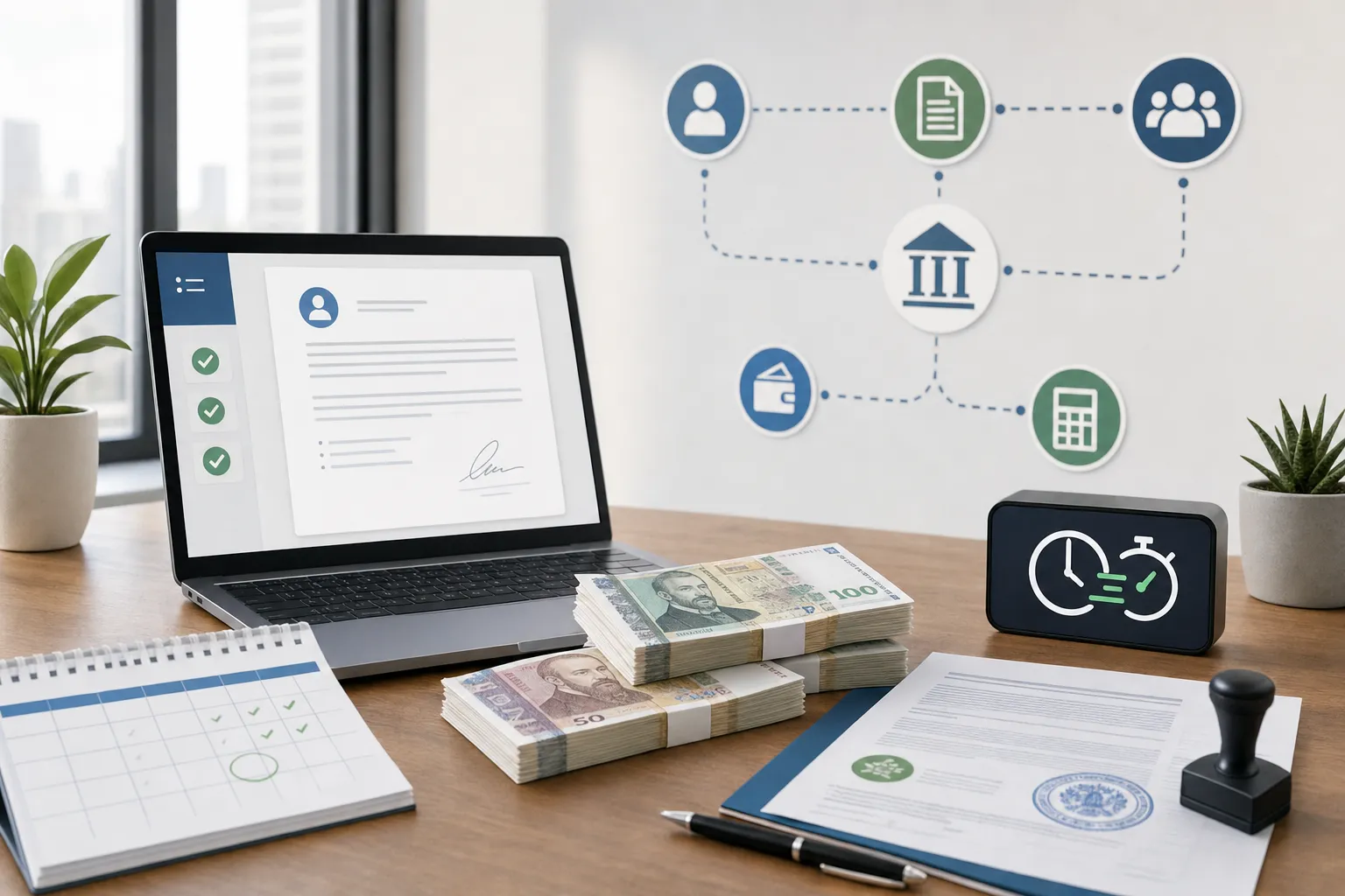 Modern professional illustration of a streamlined payroll and hiring workflow: a clean desk setup with a laptop displaying a digital contract document, stacks of Bulgarian lev currency notes, a calendar marked with payroll dates, official government registration documents, and a digital clock showing fast processing time. Include visual elements representing smooth workflow like connected nodes or a flowchart in the background. Modern flat design style with blue and green accent colors, bright professional lighting, organized and efficient atmosphere.