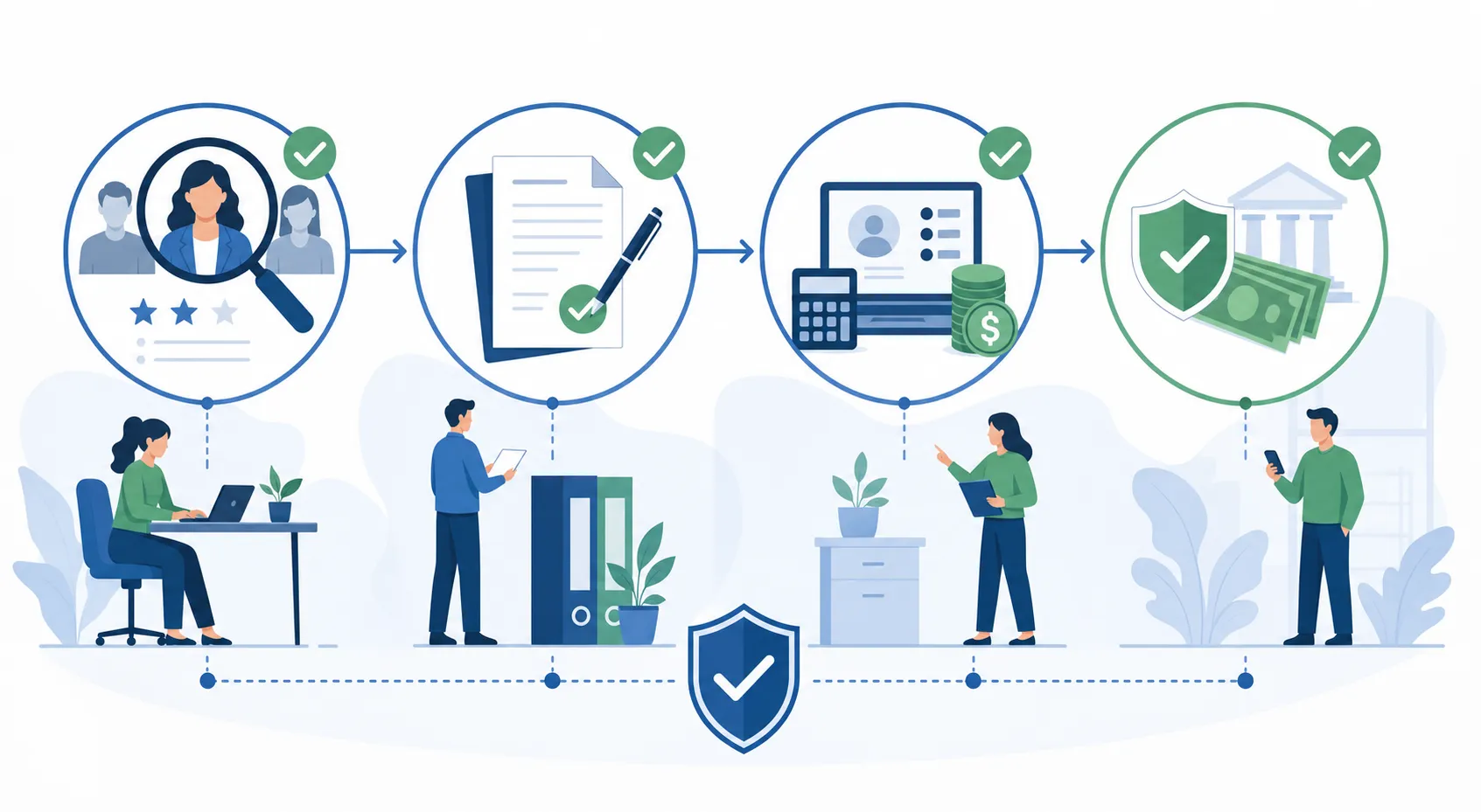 A clean, modern illustration showing a streamlined employee onboarding and payroll workflow. Visualize the process with connected nodes or stages: candidate selection flowing to contract preparation, then to payroll setup, and finally to compliant payment processing. Use a professional color palette with blues and greens. Show documents, currency symbols, and checkmarks to represent contracts, payments, and compliance. Style: flat design, business illustration, minimal and professional, no text or letters.