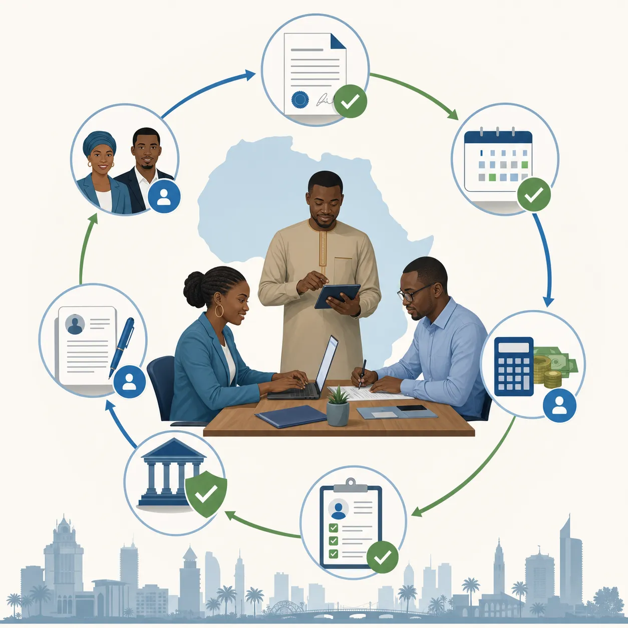 Professional business illustration showing an employment workflow process in West Africa, featuring elements like contract documents, payroll calendar, registration forms, and compliance checkmarks arranged in a circular flow diagram style, modern flat design with blue and green accent colors, clean and organized layout representing streamlined HR processes