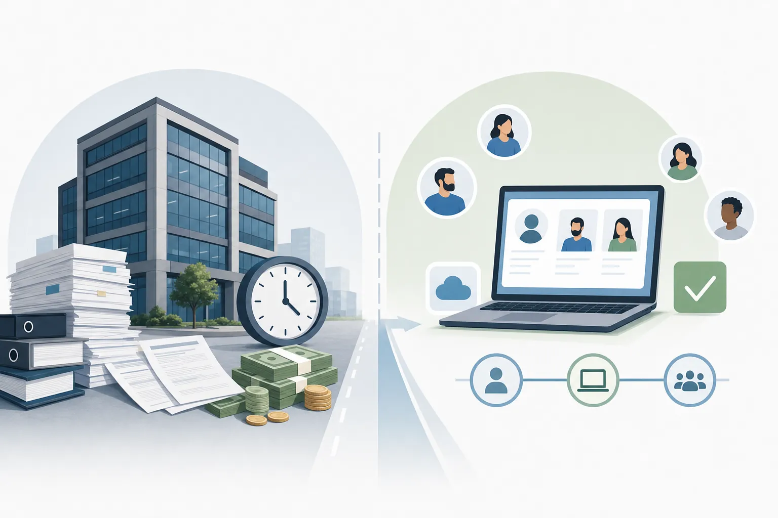 Professional business illustration showing a side-by-side comparison concept for hiring methods, featuring elements like a modern office building on one side representing a local entity setup with documents, clock showing time passage, and stacks of money representing costs, contrasted with a streamlined digital pathway on the other side showing speed and efficiency with minimal barriers, clean modern flat design style with blue and green accent colors, no text or letters