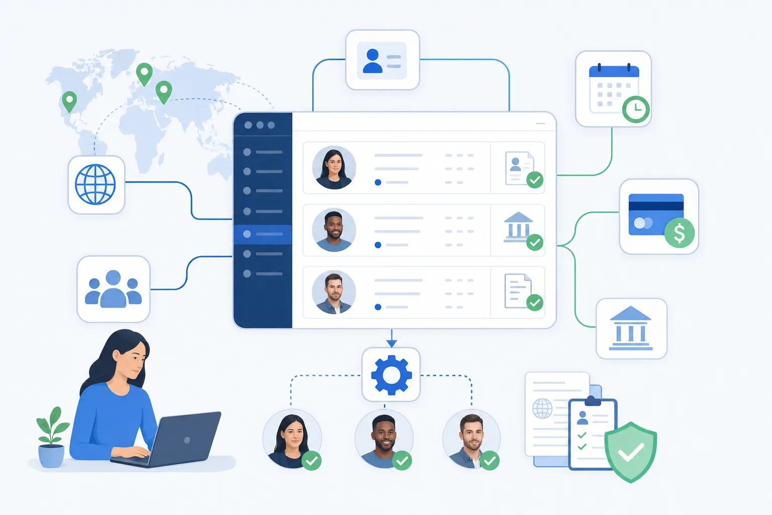 Modern, clean illustration of international payroll and employee onboarding workflow, showing a digital dashboard interface with employee profile cards, payment processing icons, calendar scheduling elements, and document icons flowing smoothly through an automated system. Professional business aesthetic with blue and green accents, minimalist flat design style, representing efficient HR technology and global employment management.