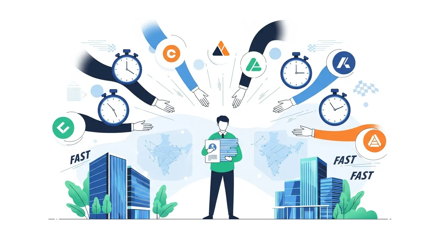 A modern, professional illustration showing a competitive hiring market scene. Multiple companies or recruiters reaching toward a central talented developer figure who is reviewing multiple job offers. Use visual metaphors like stopwatches, speed indicators, or racing elements to show urgency and time pressure. Include elements suggesting India’s tech market like modern office buildings or digital connectivity. Use a clean, minimalist design with blues, greens, and oranges. No text, words, or letters.