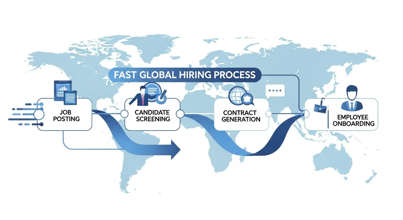 A modern, clean illustration showing a fast global hiring process workflow. Visualize a streamlined timeline with connected nodes representing: job posting, candidate screening, contract generation, and employee onboarding. Use a global context with subtle world map elements in the background. Show speed and efficiency through flowing arrows and a sleek, minimal design. Use a professional color palette with blues, greens, and whites. Isometric or semi-flat illustration style, business-focused, no people’s faces, abstract and clean.