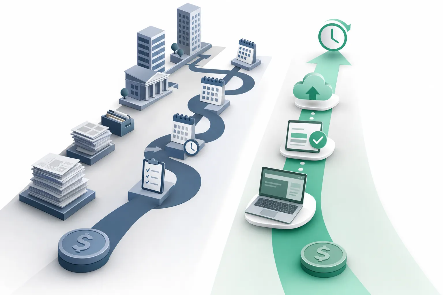 A clean business illustration comparing two paths side by side, one showing a complex traditional route with stacks of documents, office buildings, and long timelines represented by calendar icons, the other showing a streamlined modern route with simplified digital elements and quick turnaround symbols, professional minimal style, blue and green color palette, geometric shapes, cost comparison concept