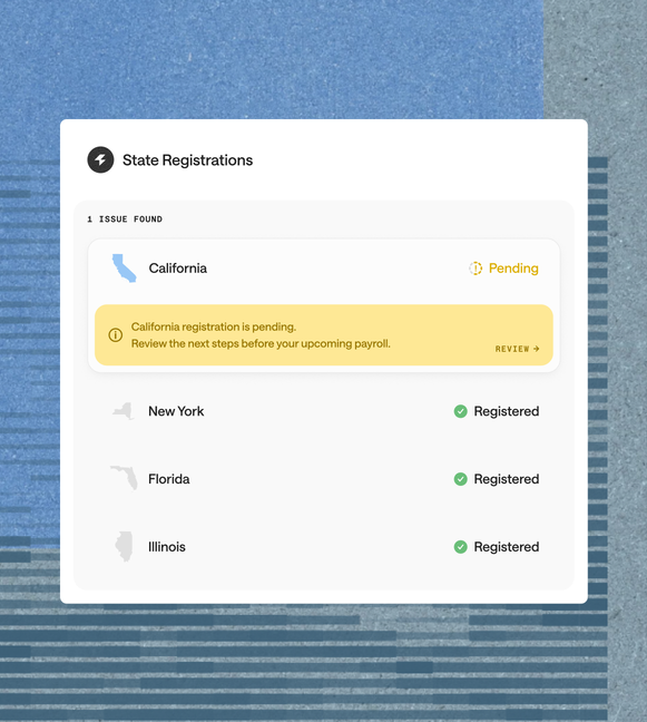 State registrations with California pending and New York, Florida, and Illinois registered