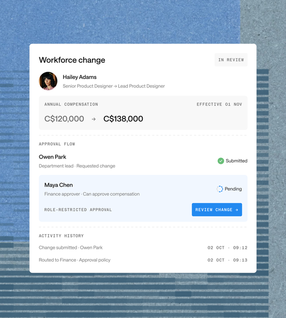 Workforce change with approval steps and a complete activity history