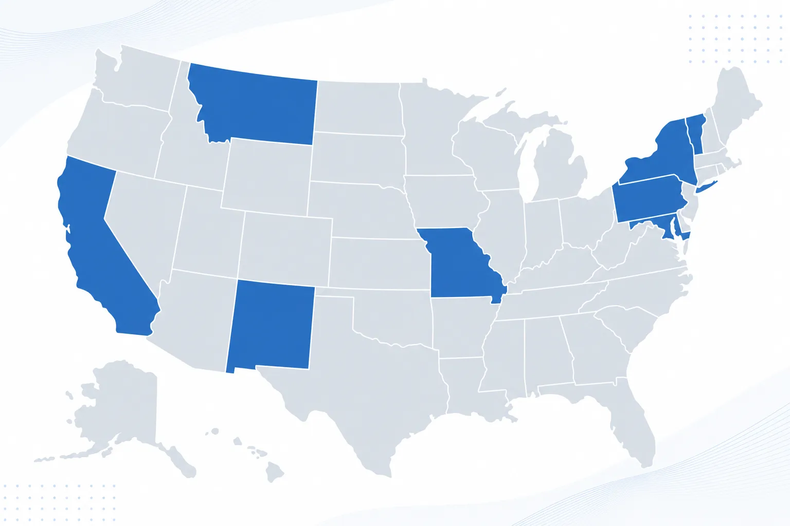 A clean, modern illustration showing a map of the United States with 8 states highlighted in a different color to represent states that tax Social Security benefits. The map should have a professional, editorial style with a blue and gray color palette. The design should be simple and data-visualization focused, showing geographic distribution without any text labels or letters.
