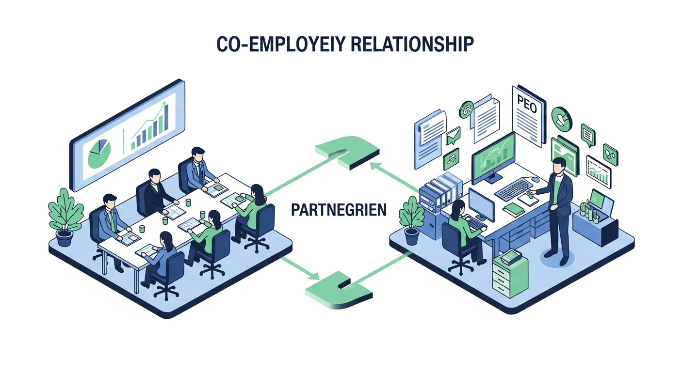 A clean, modern business illustration showing the co-employment relationship structure: two distinct entities connected by partnership elements, one representing a company with employees working at desks, the other representing a PEO provider handling administrative documents and systems. Use a professional color scheme with blues and greens. Show visual flow between the two entities with arrows or connecting lines to demonstrate shared responsibilities. Isometric or semi-flat design style, no text or labels.