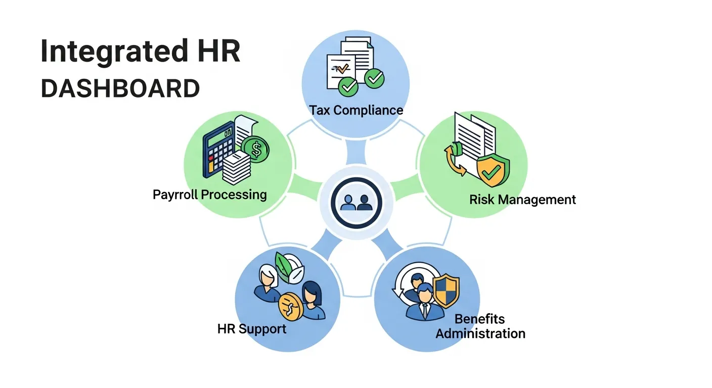 A modern, clean business illustration showing an integrated HR software dashboard concept. Display five interconnected modules or sections arranged in a circular or hub-and-spoke layout: payroll processing with calculator and payment symbols, tax compliance with document and checkmark icons, benefits administration with health and retirement symbols, HR support with employee profile icons, and risk management with shield and protection symbols. Use a professional color scheme with blues, greens, and whites. Isometric or semi-flat design style showing how all components connect to a central unified platform. No text, words, or letters.