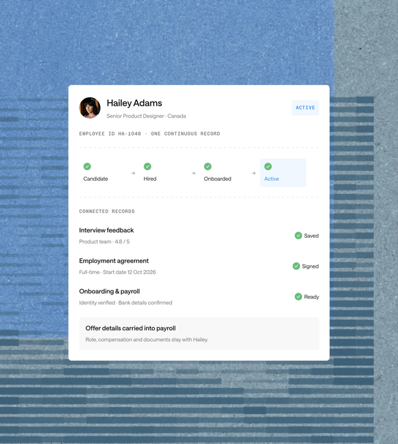 Hailey Adams’s connected employee record from candidate through active employment