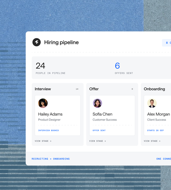 Hiring pipeline with candidates moving from interview to offer to onboarding